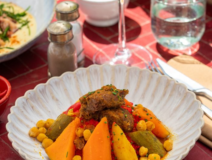 Dardar Rooftop restaurant with panoramic view of Koutoubia Mosque and Atlas Mountains in Marrakech