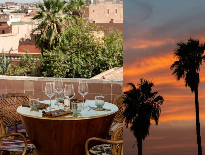 Dardar Rooftop restaurant alcohol Marrakech Medina with panoramic views of Koutoubia Mosque at sunset