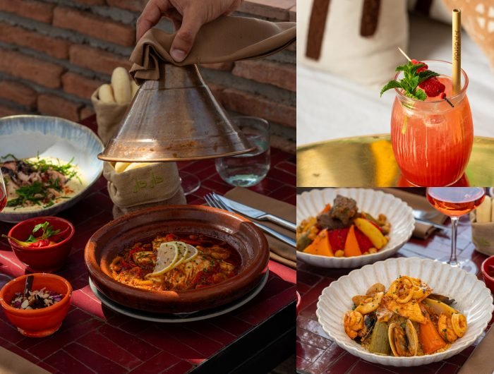 Rooftop restaurant lunch Marrakech with panoramic views of Koutoubia Mosque and Atlas Mountains at Dardar Rooftop