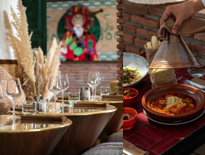 Dardar Rooftop restaurant terrasse Marrakech with panoramic view of Koutoubia Mosque and Atlas Mountains at sunset
