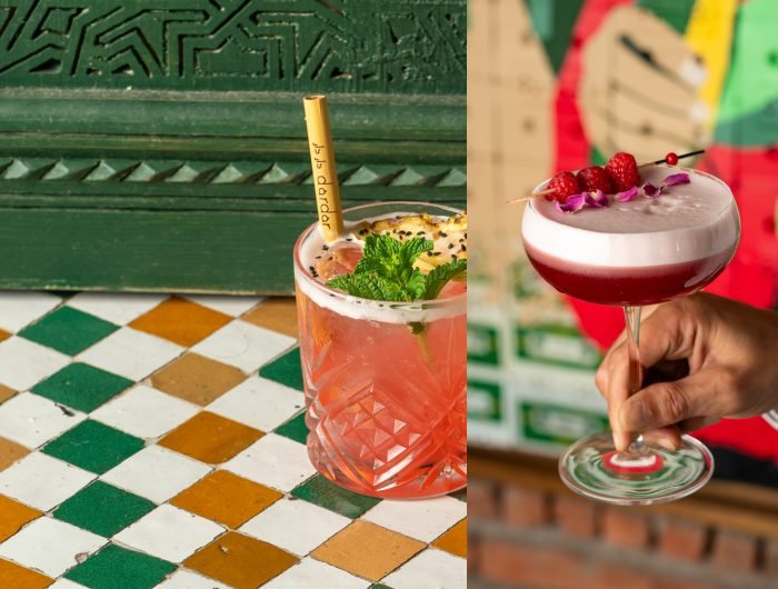 Rooftop bar Marrakech with panoramic views of Koutoubia Mosque and Atlas Mountains at sunset — Dardar Rooftop