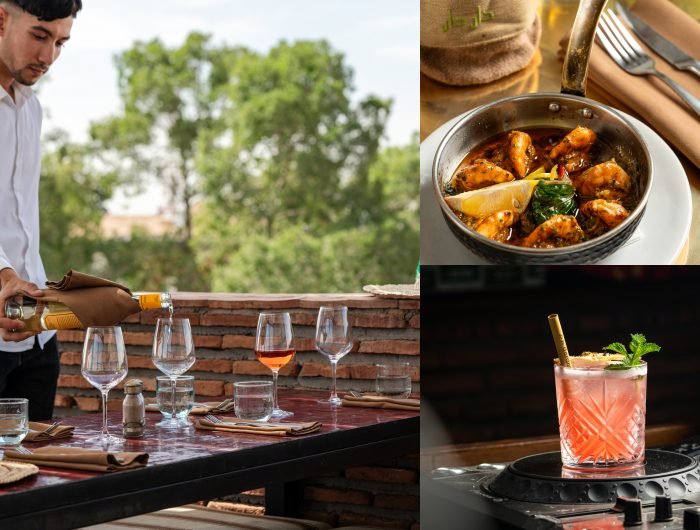 Rooftop bar Marrakech with panoramic views of Koutoubia Mosque and Atlas Mountains at sunset — Dardar Rooftop