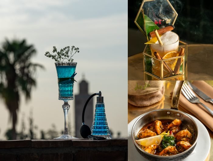 Rooftop food and cocktail Marrakech at Dardar Rooftop with Atlas Mountains view