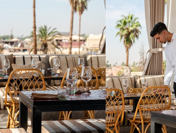 Rooftop Restaurant DarDar panoramic view of Koutoubia Mosque and Atlas Mountains at sunset in Marrakech