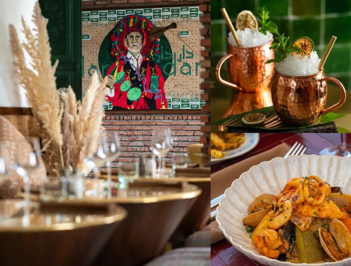 Dardar Rooftop Restaurant in Marrakech with panoramic view of Koutoubia Mosque and Atlas Mountains at sunset